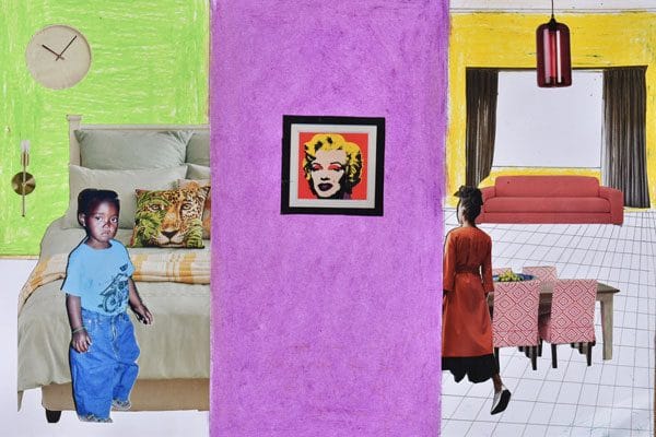 Collage con un bambino in una camera colorata e una donna in una cucina