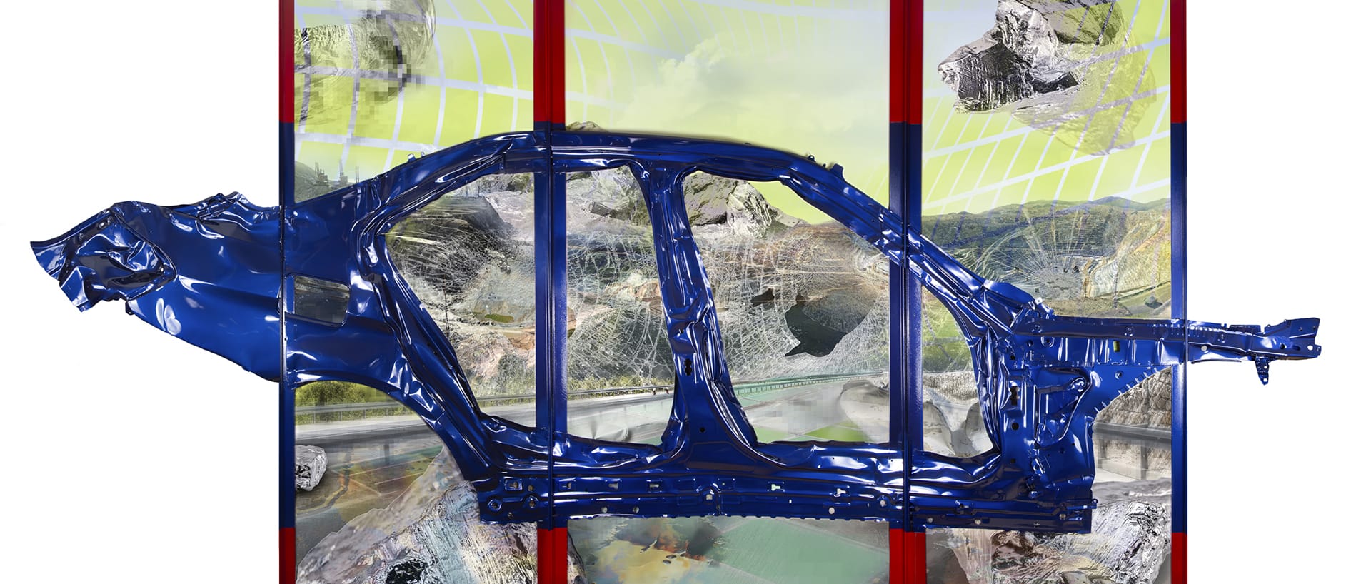 Opera di Felicity Hammond: la scocca di un’automobile in blu