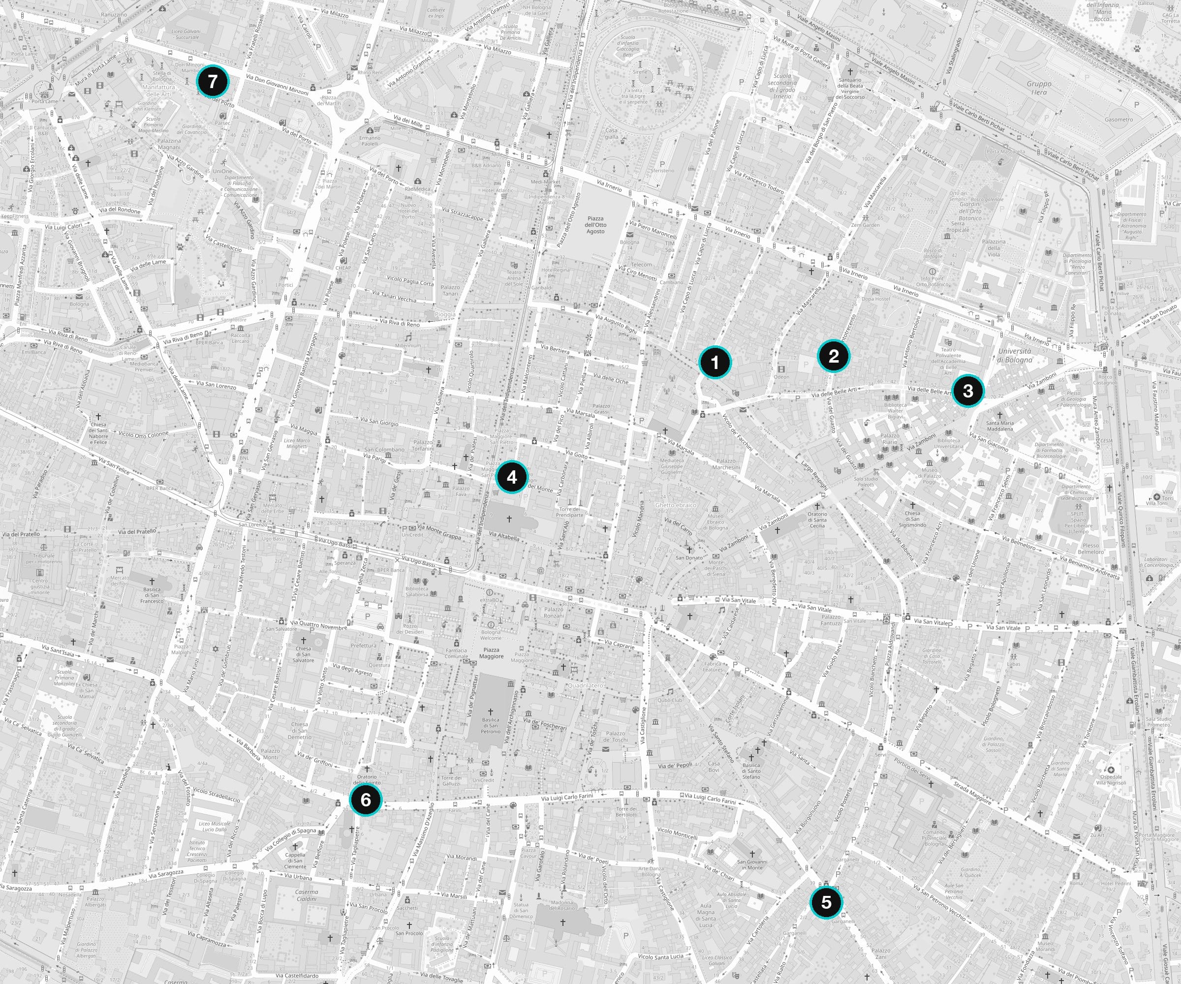 Mappa del centro di Bologna con le sette sedi di Foto/Industria 2025, numerate da 1 a 7