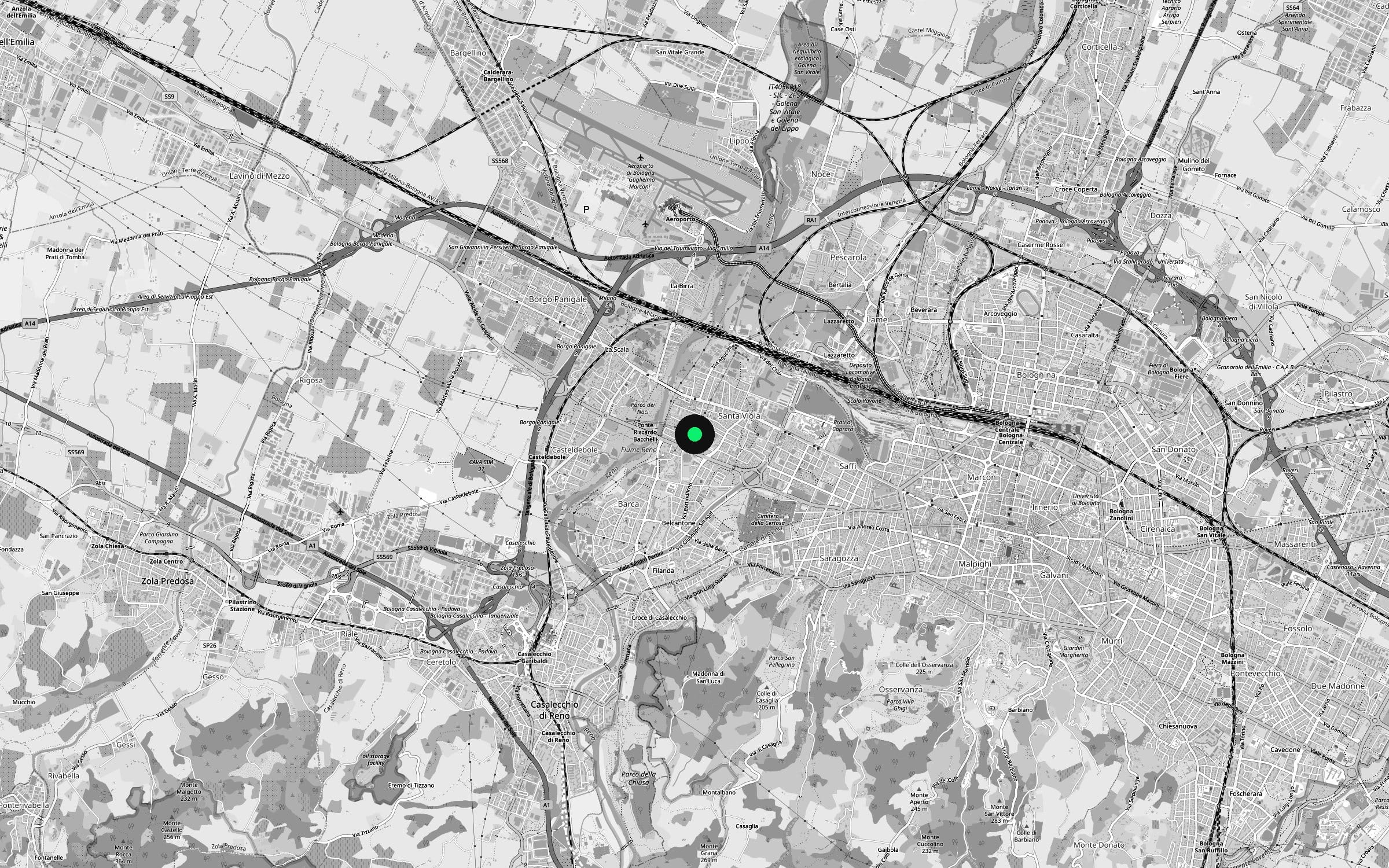 Mappa di Bologna: il MAST, punto verde al centro, nella zona ovest della città