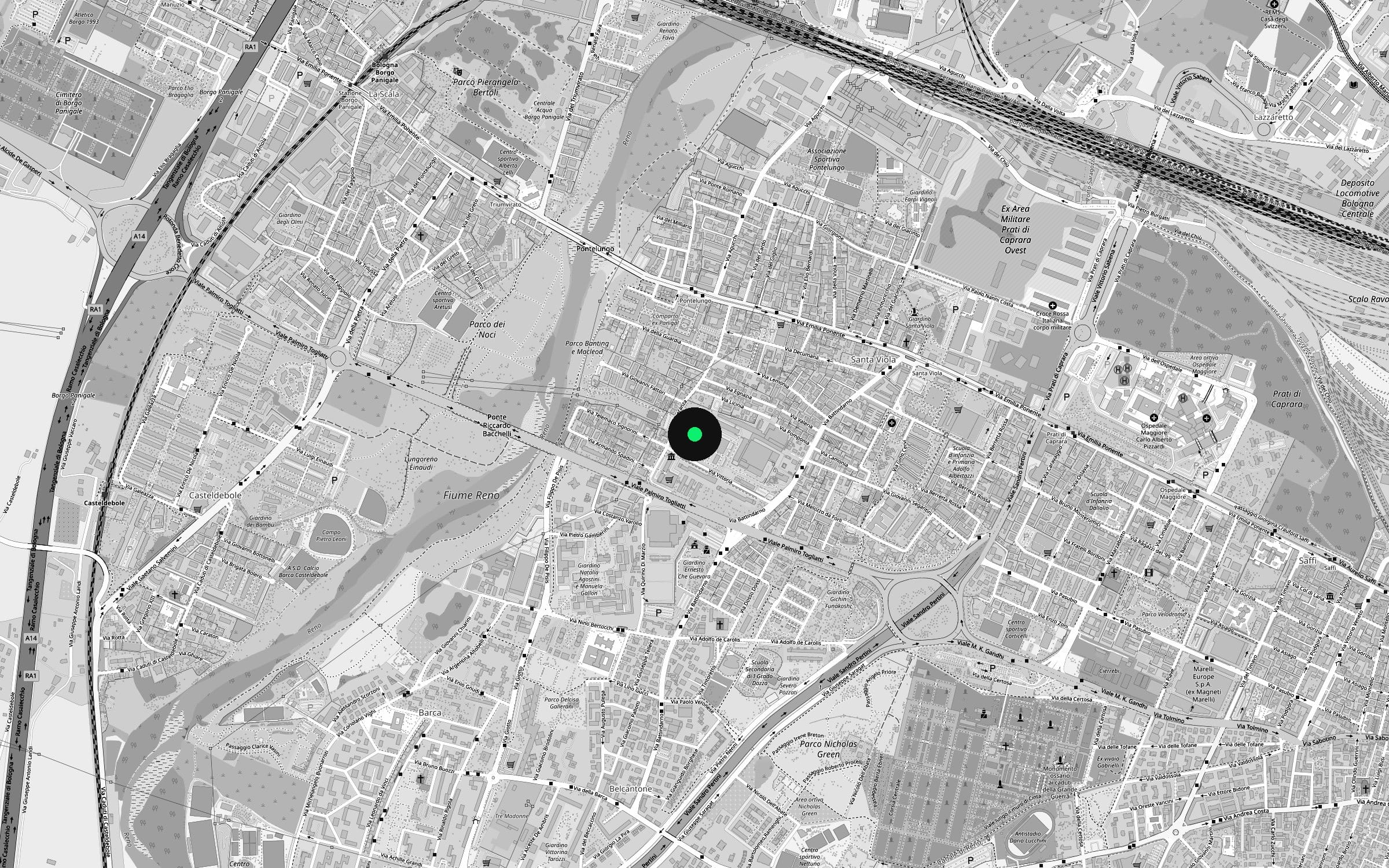 Mappa della zona: il MAST, segnato al centro da un punto verde, in via Speranza 42 a Bologna, vicino al fiume Reno